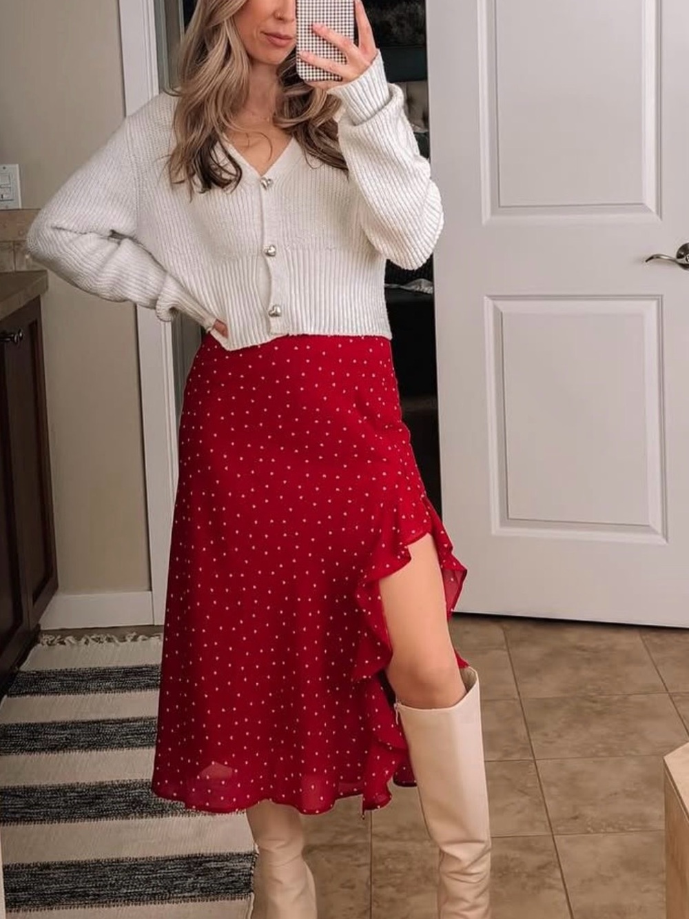 Women's Red Polka Dot High-Low Ruffle Skirt